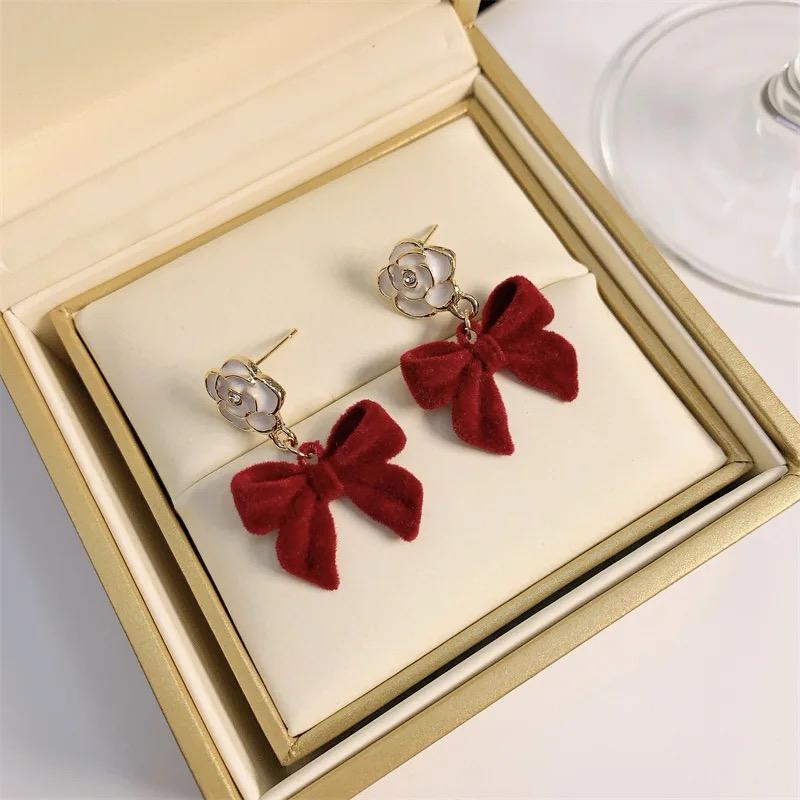 Western Red Velvet Bow With Flower Temperament Earings For Women & Girls |Stylish & Elegant (White & Red) - additional view
